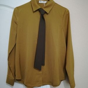Mustard green long sleeve blouse with tie
